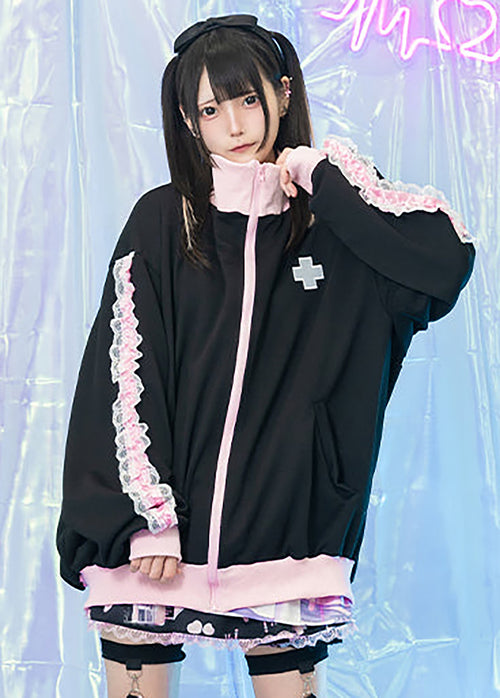 Healing Hearts Oversized Anime Zip Up Jacket in Black/Pink