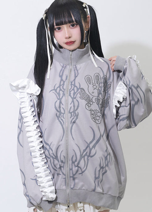 Nightmare Studded Bunny Ruffle Grey Oversized Jacket