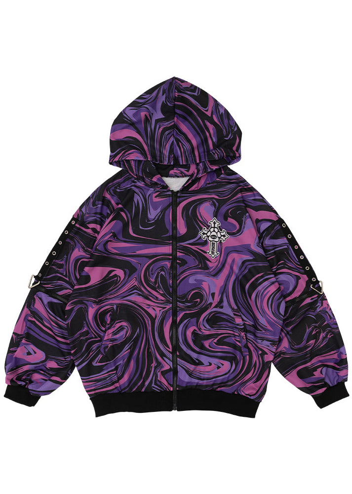 Chaaaos Psychedelic Purple Swirl Oversized Zip Up Hoodie