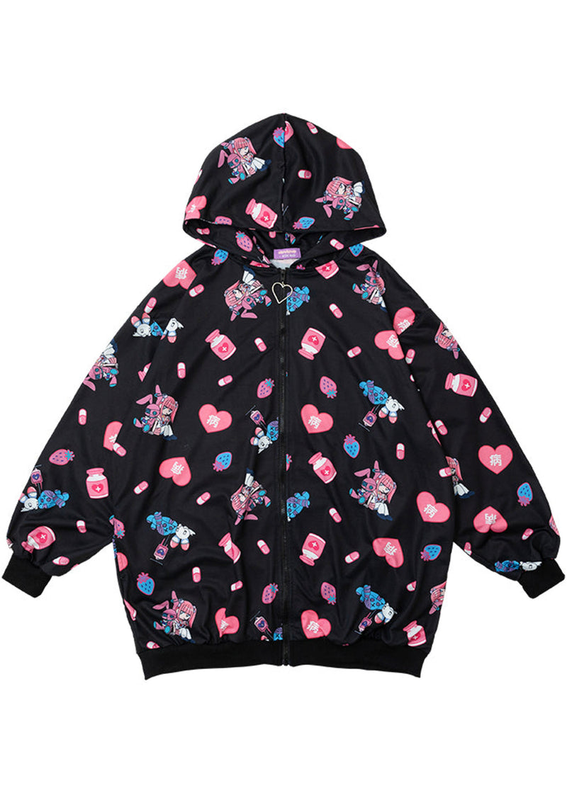 Menhera-Chan X Bunny Dolls Mill Nero AOP Oversized Zip Up Hoodie