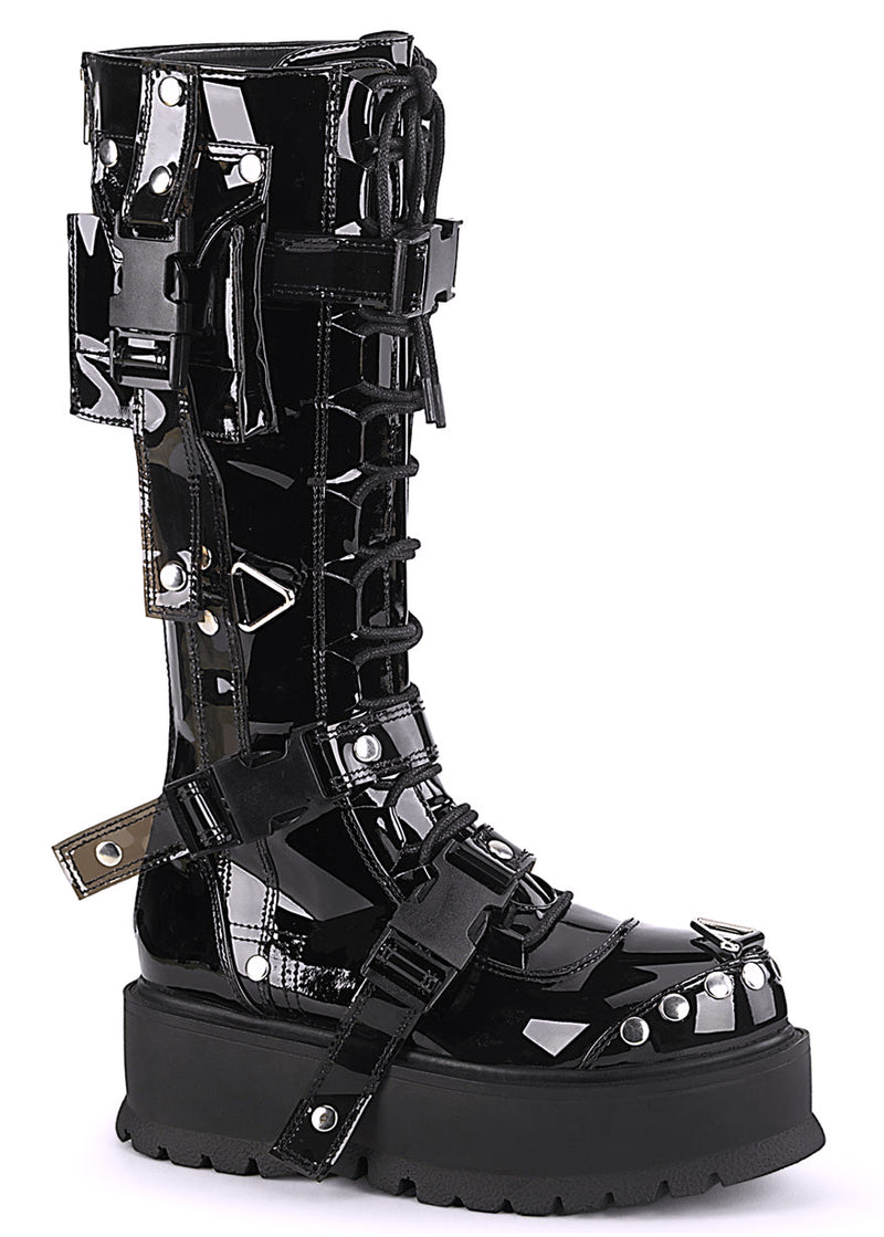 SLACKER 260 Cyberpunk Tech Patent Black Platform Boots