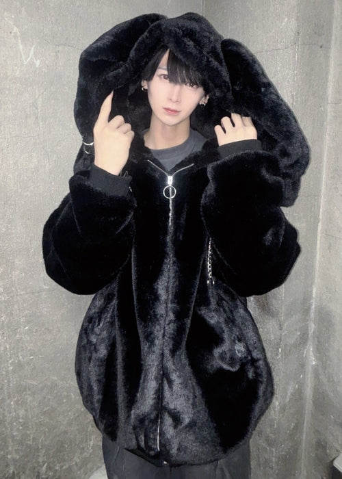 PSYNXX Bunny Ear Faux Fur Black Oversized Jacket