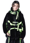 PSYNXX Cyberpunk Tech Faux Fur Black Green Oversized Jacket