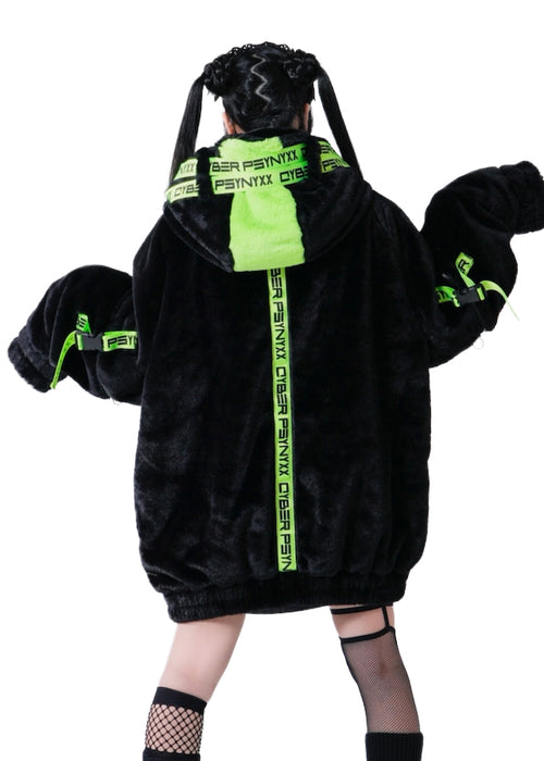 PSYNXX Cyberpunk Tech Faux Fur Black Green Oversized Jacket