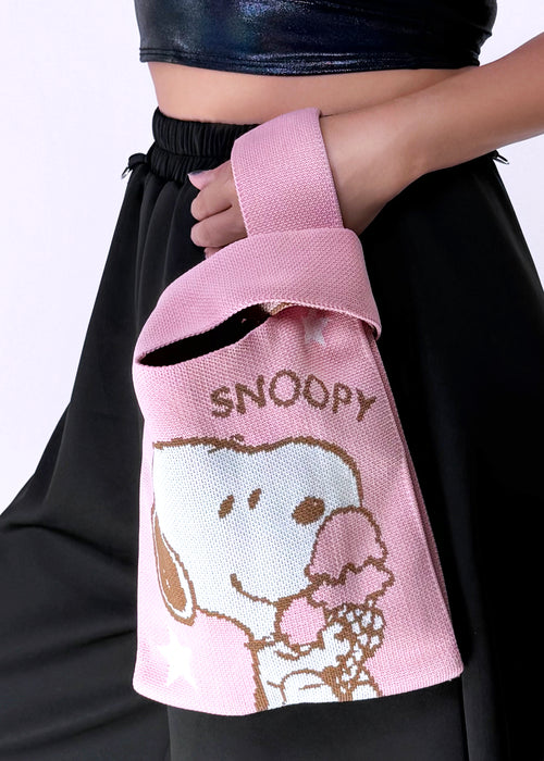 Peanuts Snoopy Loves Ice Cream Knitted Baggu Pink Mini Tote