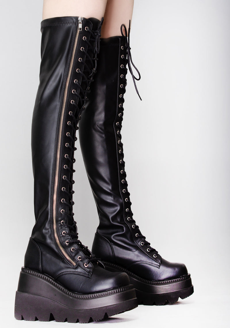 SHAKER 374 Dangerous Conviction Thigh-High Black Platform Boots